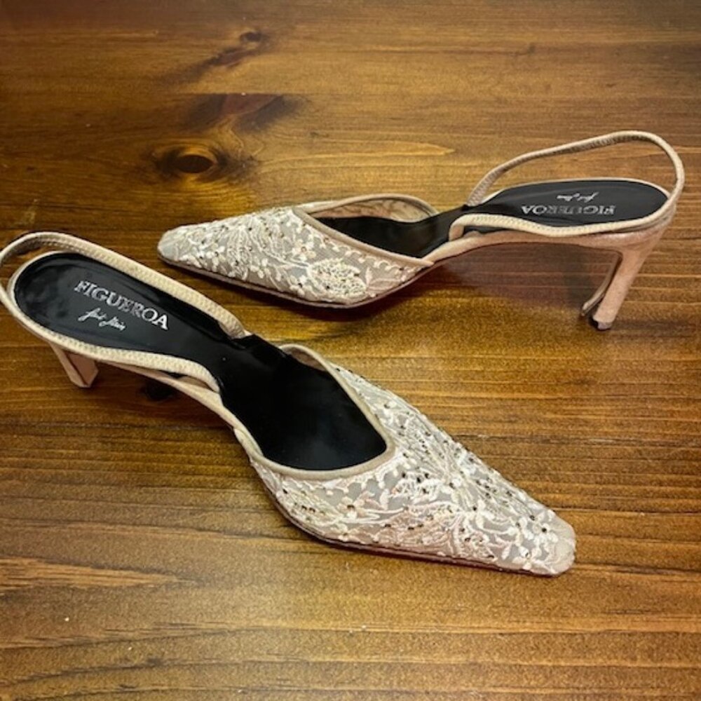 Figueroa cream lace and beige suede evening slingbacks
